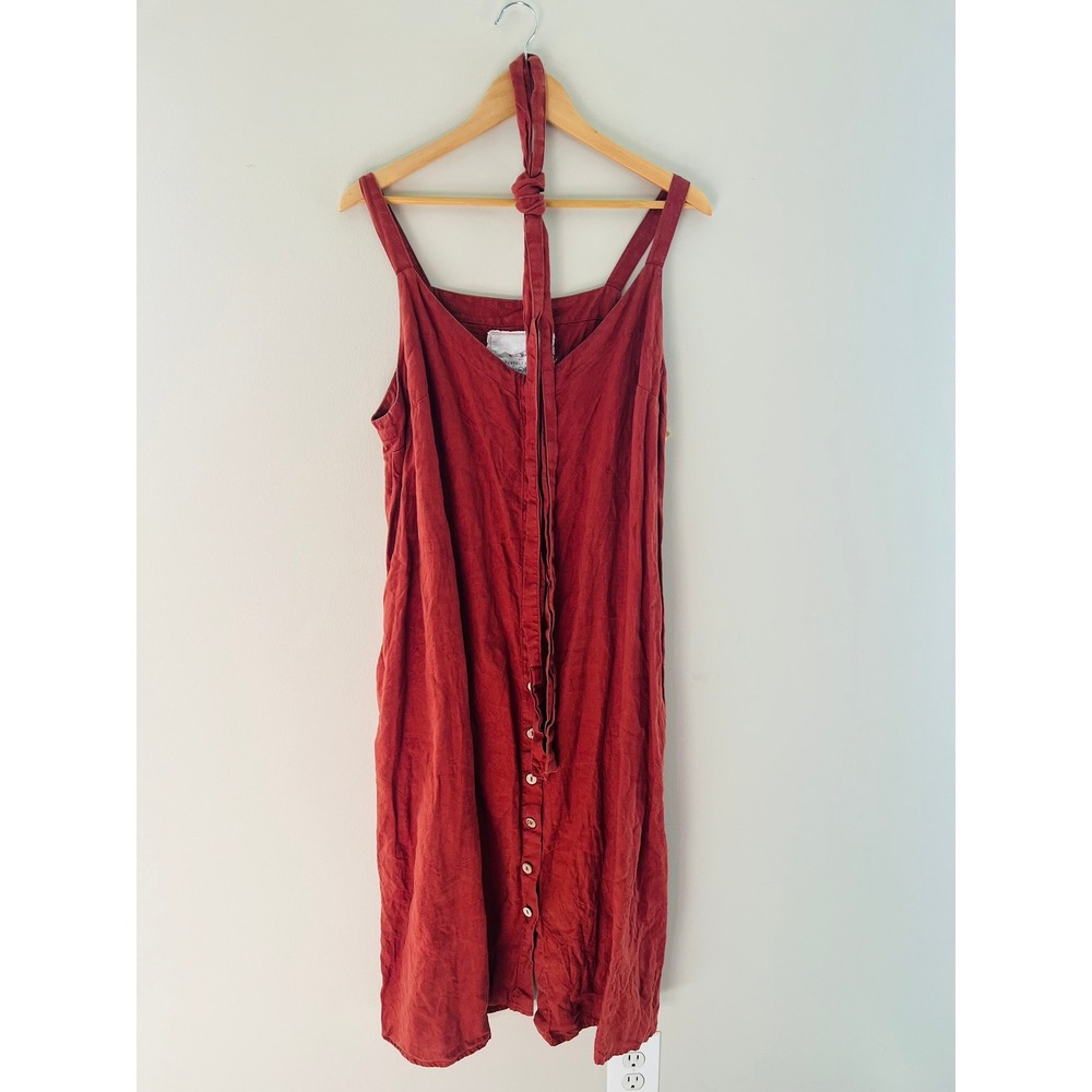 not PERFECT LINEN Red Button Front Midi Dress 100% Linen Sleeveless XL